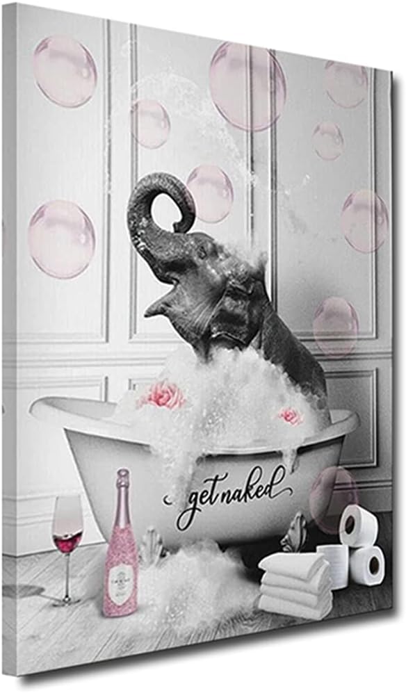 ZHONGYUTONG Badezimmer Wandbilder-Elefant in der Badewanne mit Rosa Blasen lustige Tiere Kunstdruck