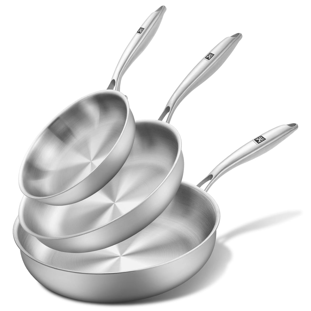 GOLDEN KEY Edelstahlpfanne Set 28 24 20 cm, Bratpfannen Edelstahl Induktion unbeschichtet, Edelstahl