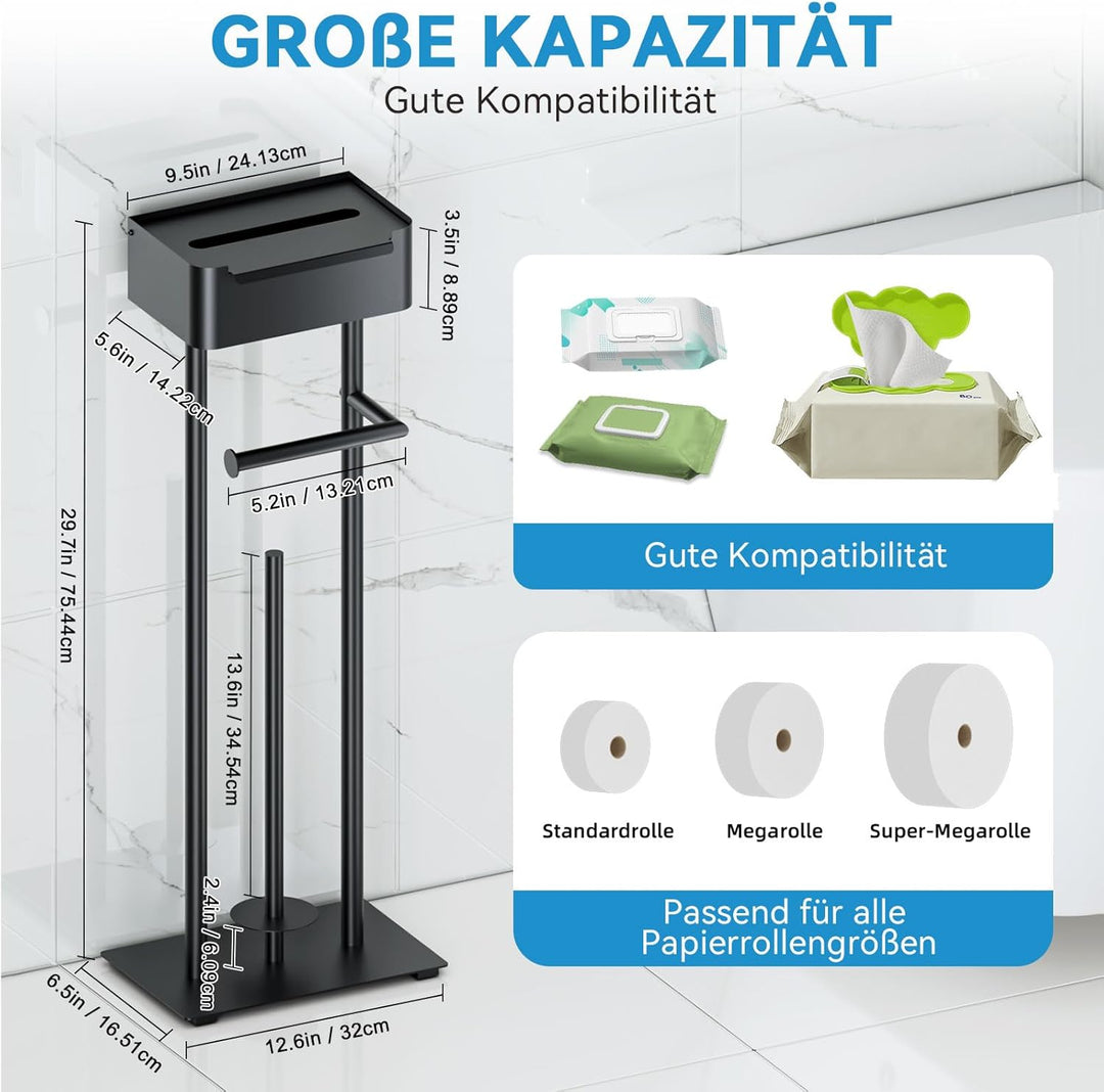 Toilettenpapierhalter Stehend – Edelstahl Klopapierhalter Stehend mit Feuchttücherbox, Stabiler Toil