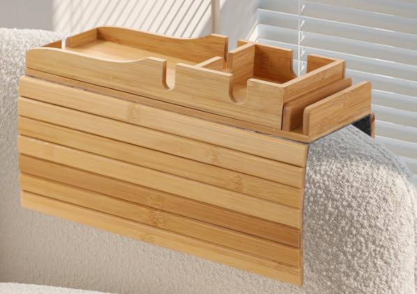 Sofatablett 2-in-1, Bambus Sofa Armlehnen Tablett mit Getränkehalter und Tablet Ständer, Faltbarer C