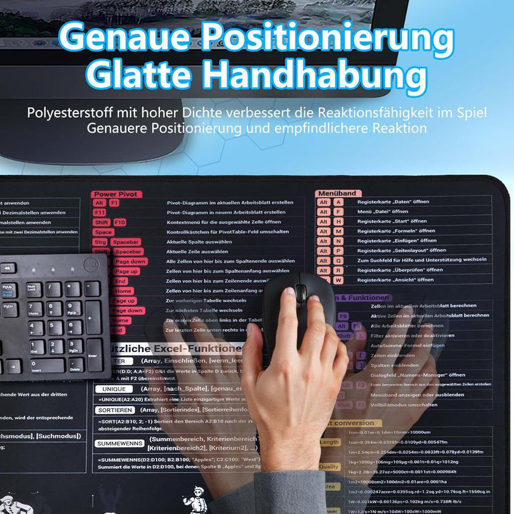 DAWNTREES Excel Mauspad Deutsch,Tastenkombinationen,120X60cm,Gross Gaming Mouse Pad XXL, Schreibtisc