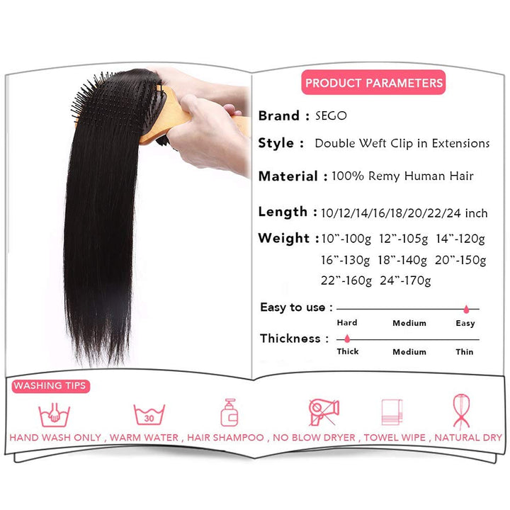 SEGO Clip in Extensions Echthaar Haarverlängerung Haarteil Doppelt 8 Tressen hitzebeständig glatt Na