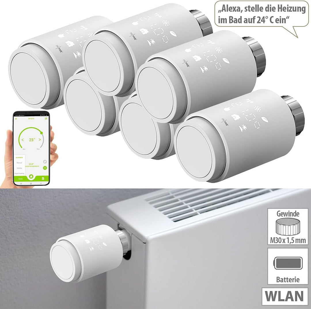 revolt Thermostat-Köpfe: 6er-Set programmierbare WLAN-Heizkörperthermostate, App, Sprachbefehl (Heiz