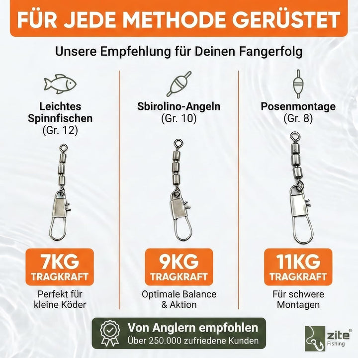 Zite Fishing Dreifach-Wirbel Sortiment 60 Stück - Inklusive praktischer Sortier-Box - Angelwirbel-Se