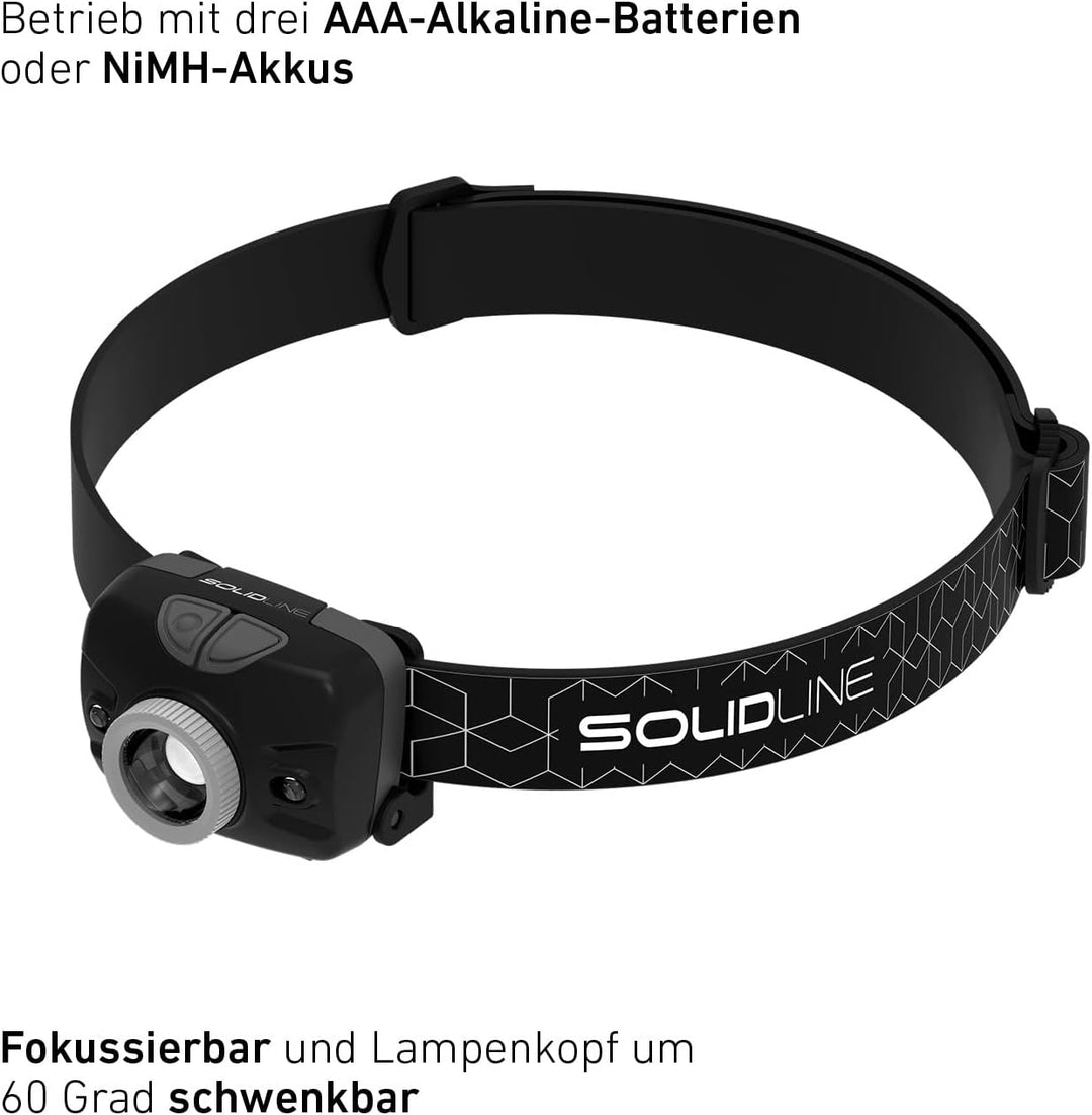 Solidline SH3, super helle LED Stirnlampe, robuste Sport- und Laufleuchte für den Kopf, 350 Lumen, 1