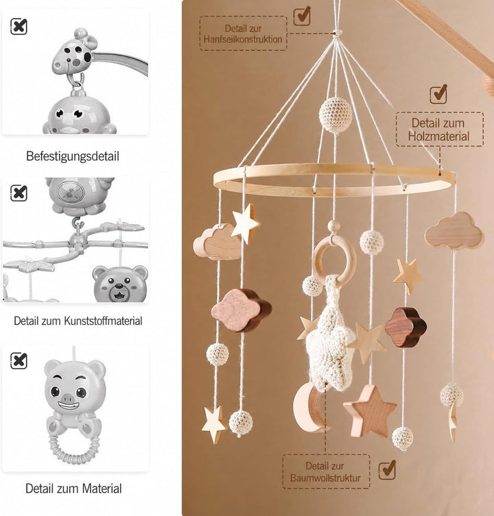 Mobile Baby Windspiele mit Wolken Mond Sterne Handgefertigt Holz Gehäkelt Mobile Baby Neugeborene Ju