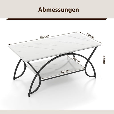 COSTWAY Couchtisch Marmor Optik, Kaffeetisch mit Ablage und Metallgestell, Wohnzimmertisch, Beistell