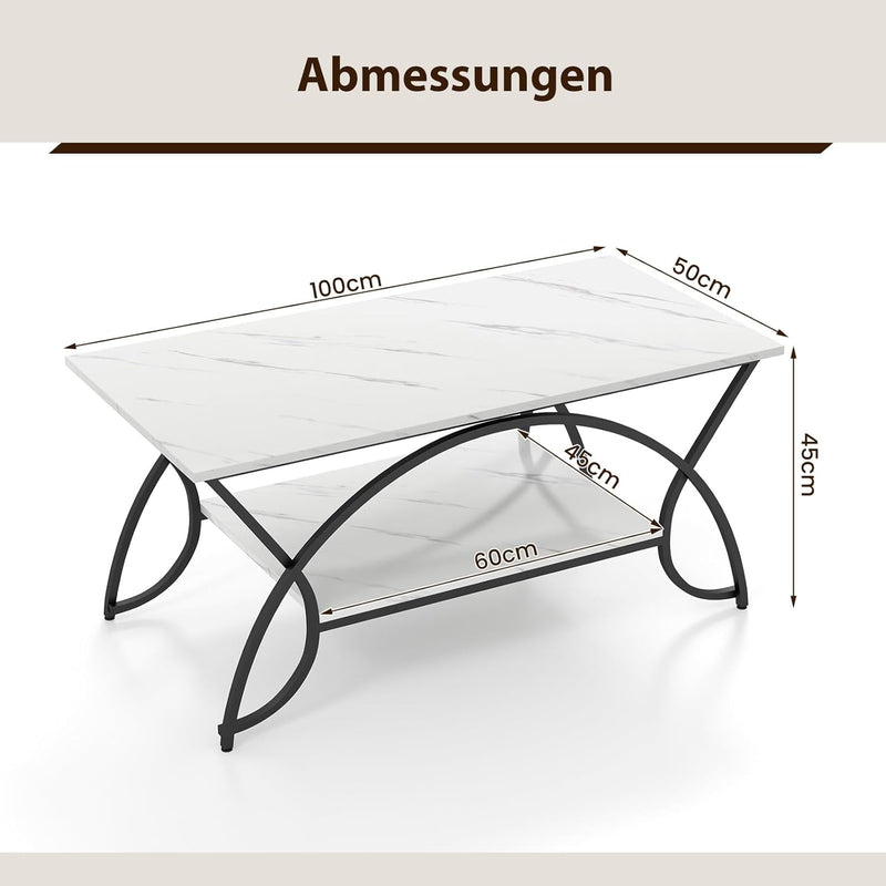 COSTWAY Couchtisch Marmor Optik, Kaffeetisch mit Ablage und Metallgestell, Wohnzimmertisch, Beistell