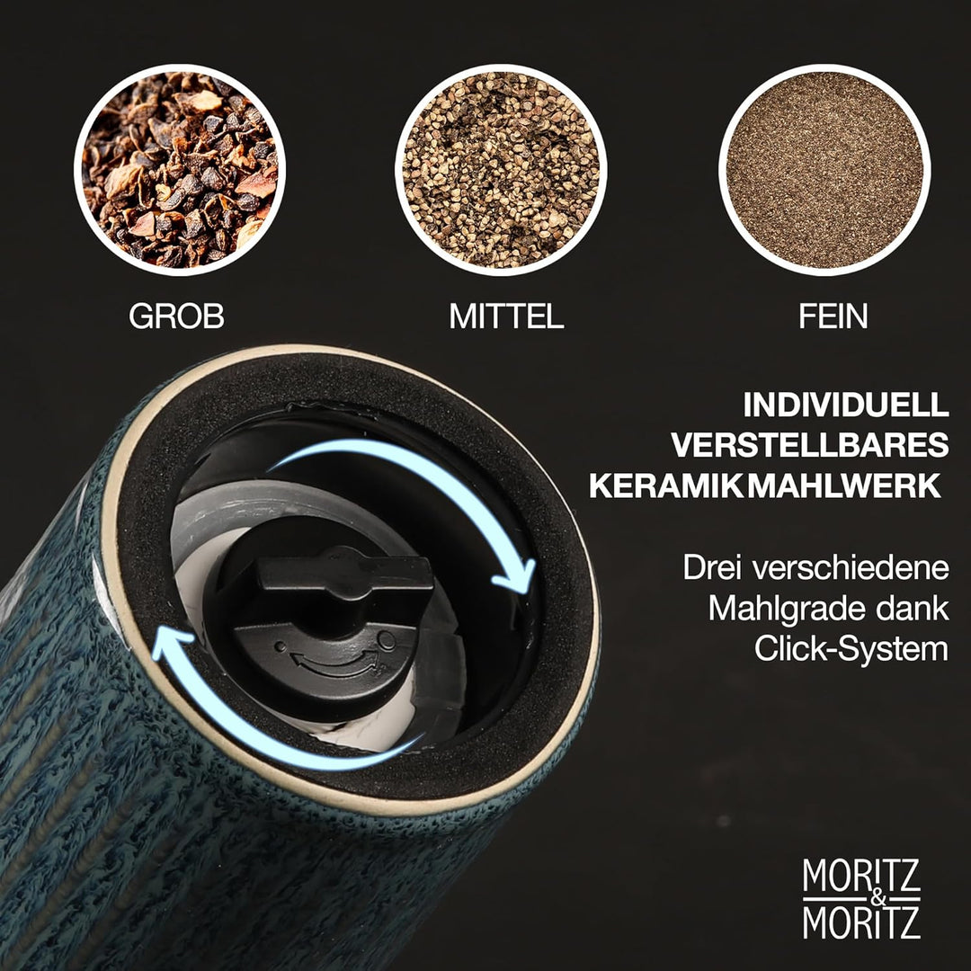 Moritz & Moritz PEPE Gewürzmühle 2er Set blau/grün - Salz und Pfeffermühle aus Steinzeug & Akazienho