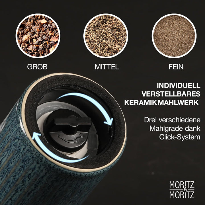 Moritz & Moritz PEPE Gewürzmühle 2er Set blau/grün - Salz und Pfeffermühle aus Steinzeug & Akazienho
