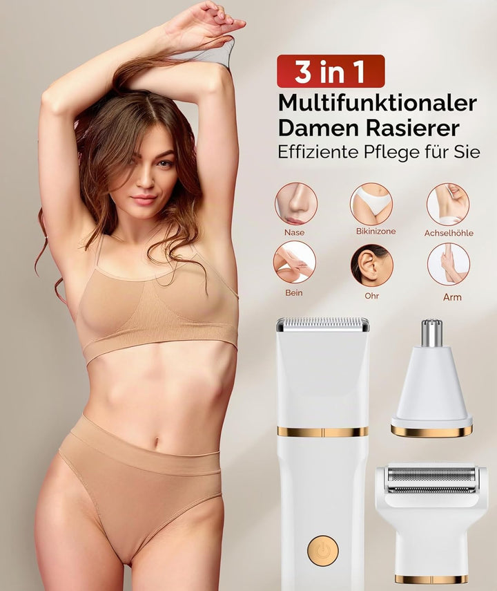 Damenrasierer für Damen, 3-in-1, Bikini-Trimmer IPX7, wasserdicht, Nasentrimmer, wiederaufladbar, Sc