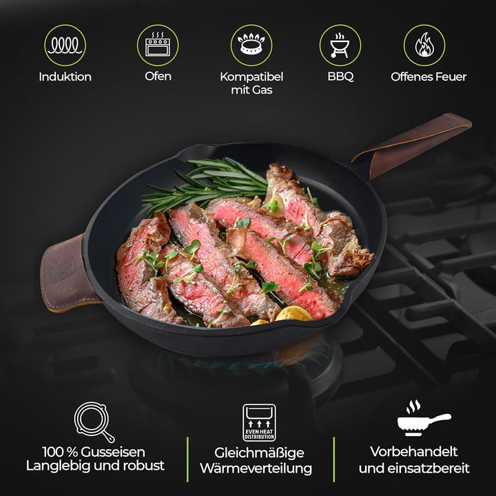 THOR® Gusseisenpfanne Induktion 28cm inkl. Zubehör - geschliffene Oberflächen I Bratpfanne Induktion