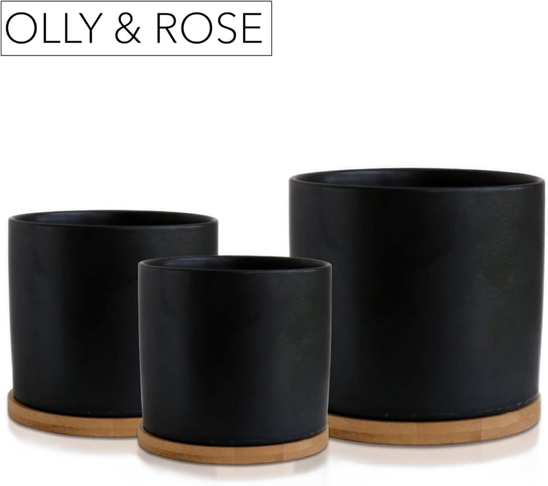 Olly & Rose Mattschwarzes Set mit 3 Keramik-Blumentöpfen mit Bambus-Untersetzern für den Innenbereic