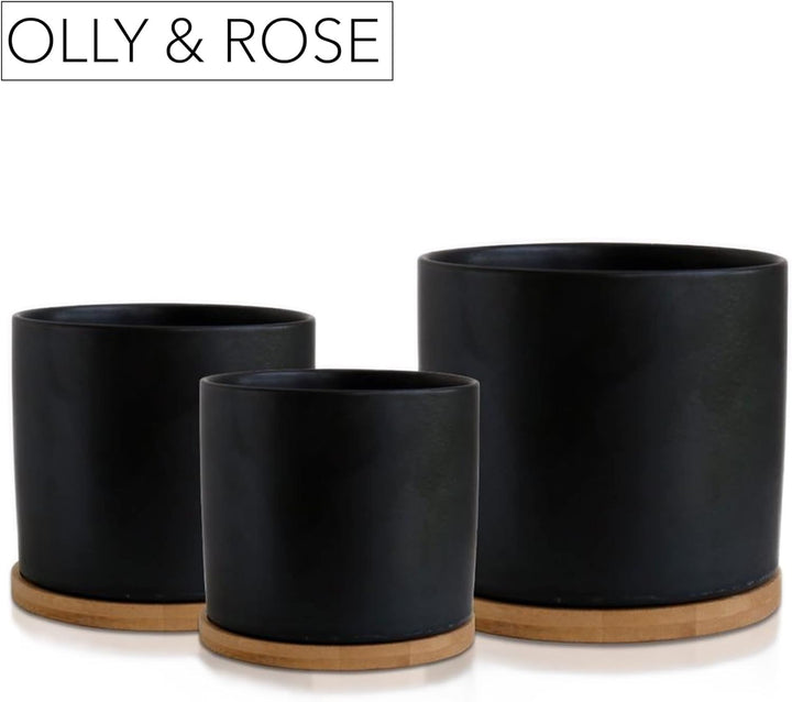 Olly & Rose Mattschwarzes Set mit 3 Keramik-Blumentöpfen mit Bambus-Untersetzern für den Innenbereic