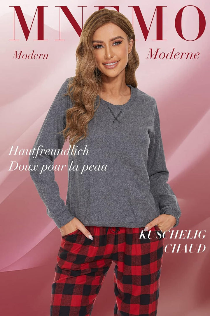 Mnemo Schlafanzug Damen 100% Baumwolle Bequemer Pyjama Damen Baumwolle mit Karomuster L Rotes und Sc