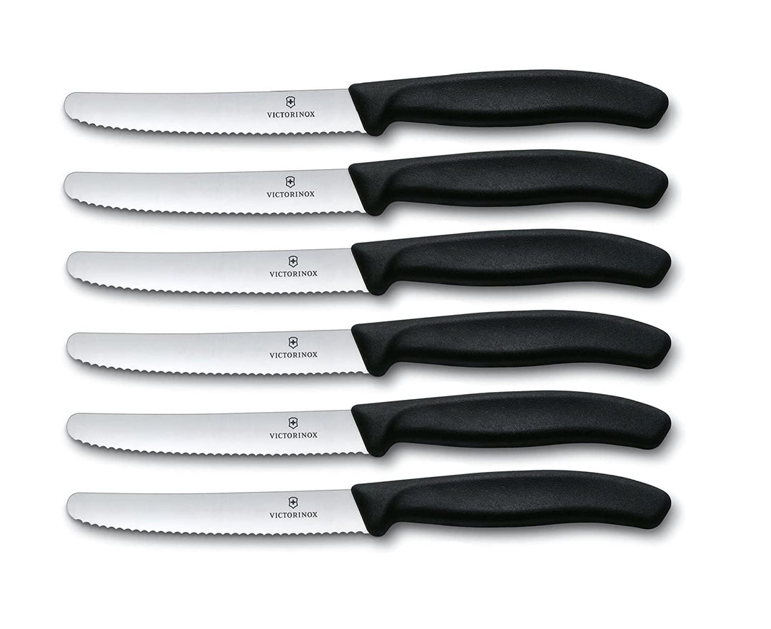 Victorinox 6 Stück Tafelmesser - Tomatenmesser Swiss Classic mit Wellenschliff - Swiss Made - Schwar