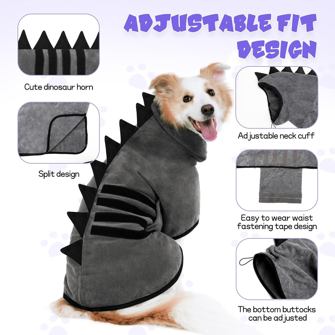 HezzLuv Hundebademantel mit Dinosaurierhorn, Schnelltrocknend Bademantel Hund aus Mikrofaser, Einste