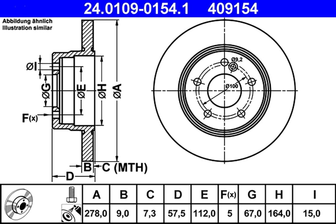 ATE Original Bremsscheibe - 2 Bremsscheiben - 24.0109-0154.1 - ECE-R90 Strassenzulassung