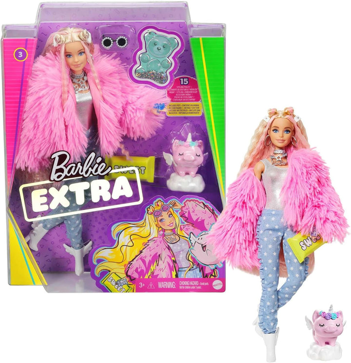Barbie Extra, Barbie Puppe mit extra langen Haaren, inkl. Barbie Kleidung wie flauschiger Mantel und
