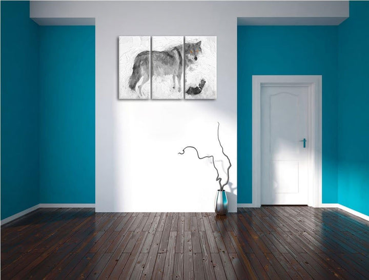 prächtiger Wolf im Schnee schwarz/weiss Deluxe 3-Teiler Leinwandbild 120x80 Bild auf Leinwand, XXL r