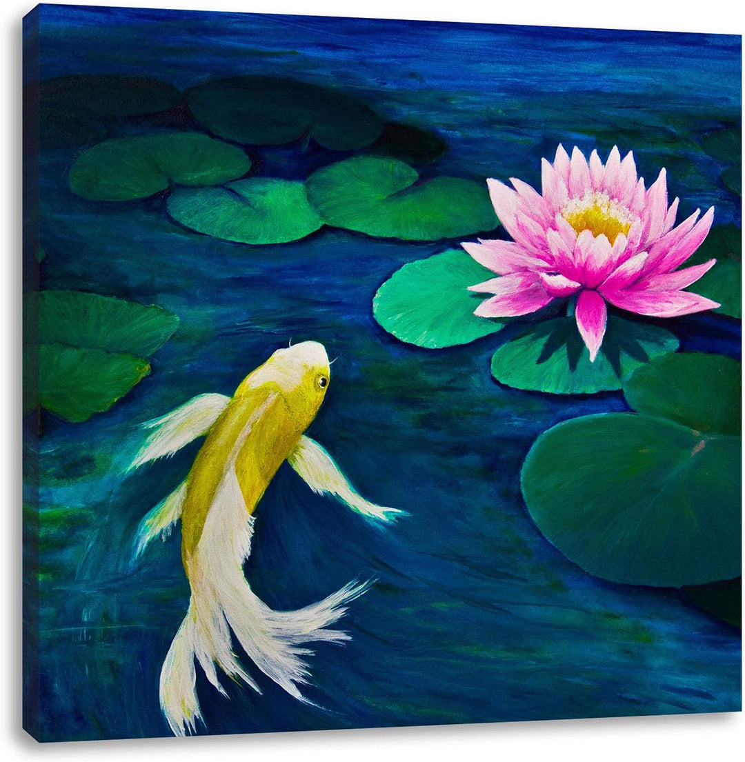 Koi mit Seerose Kunst, Format: 70x70 auf Leinwand, XXL riesige Bilder fertig gerahmt mit Keilrahmen,