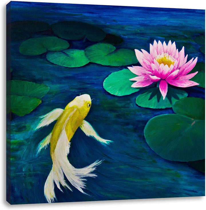 Koi mit Seerose Kunst, Format: 70x70 auf Leinwand, XXL riesige Bilder fertig gerahmt mit Keilrahmen,