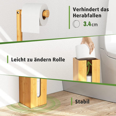 Rainsworth Toilettenpapierhalter Stehend Bambus mit Aufbewahrung für 4 Rollen, 2-in-1 Holz Klopapier