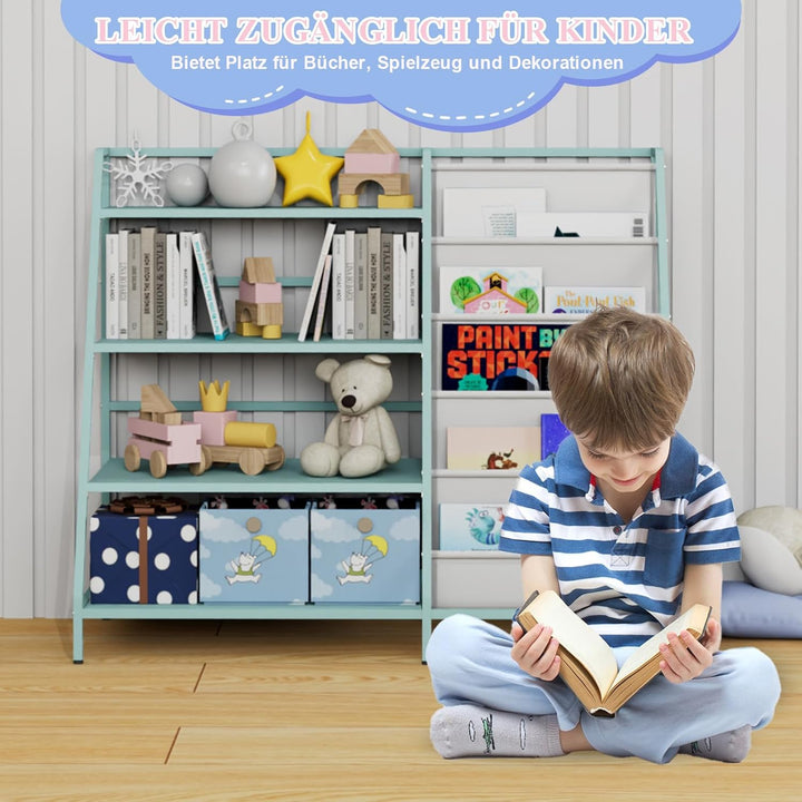 KEEPREAPER Bücherregal Kinder Metall mit 5 Fächern und 3 Ablagen, Kinderregal Montessori Spielzeug-O