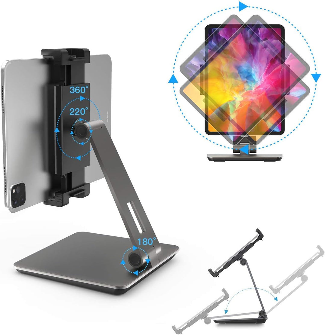 QinCoon Tablet Ständer, Verstellbar Heavy Duty Aluminium Halterung, 360° Drehen Faltbar Metall Table
