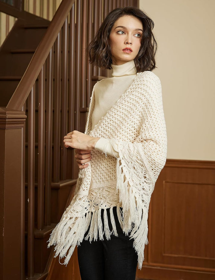BEAUTELICATE Damen Gestricker Schal Stola Dreiecksschal Warm Hohl Stricken Cape Cardigan Elegantz Dr