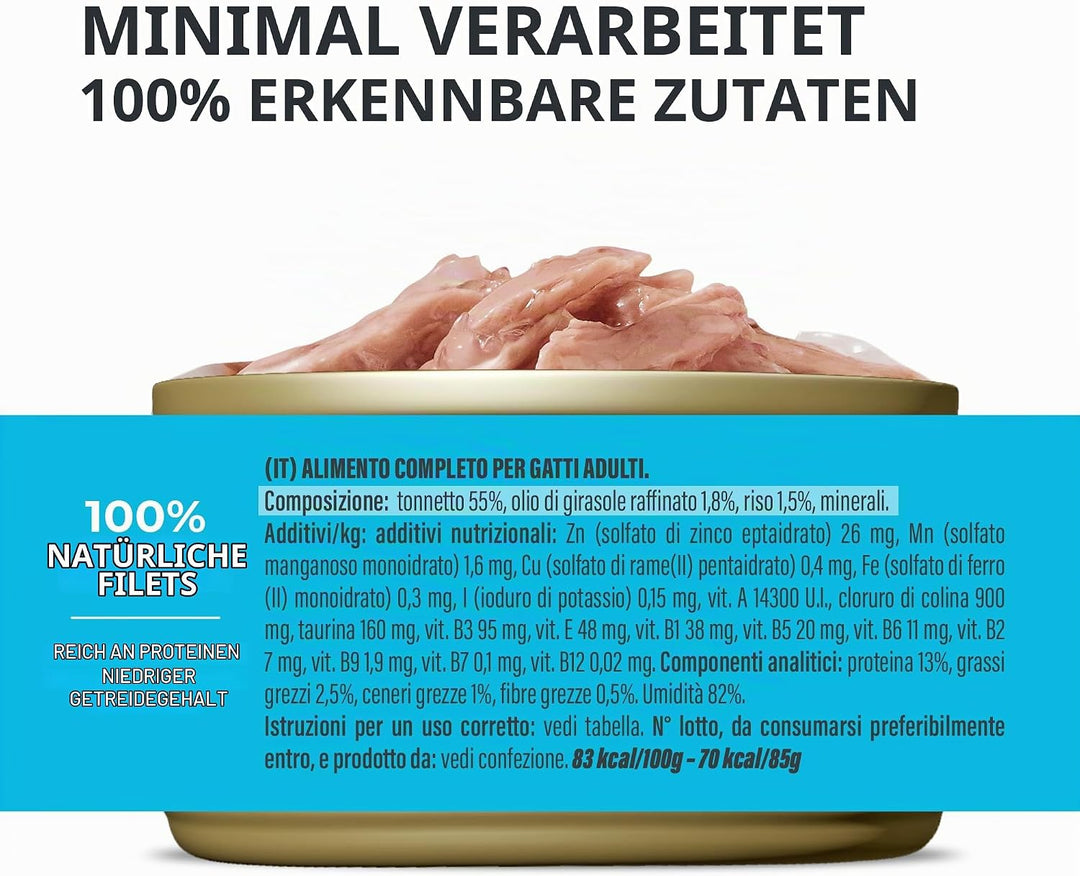 Schesir Cat Natural Thunfisch, Katzenfutter nass im eigenen Saft, 8 x 6 Dosen x 50 g Thunfisch Natur