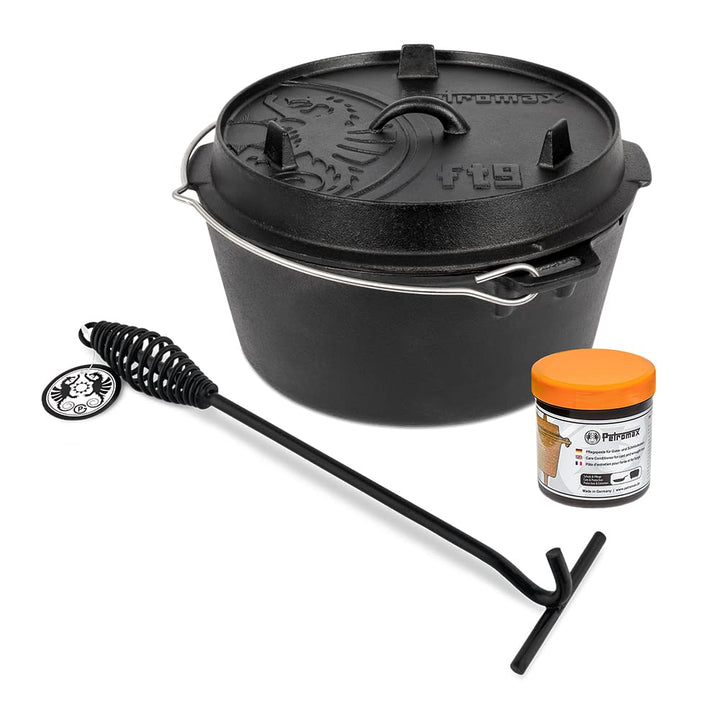 Petromax Feuertopf (Dutch Oven) Set´s (FT9, planer Boden) | Original Gusseisen | mit Deckelheber und