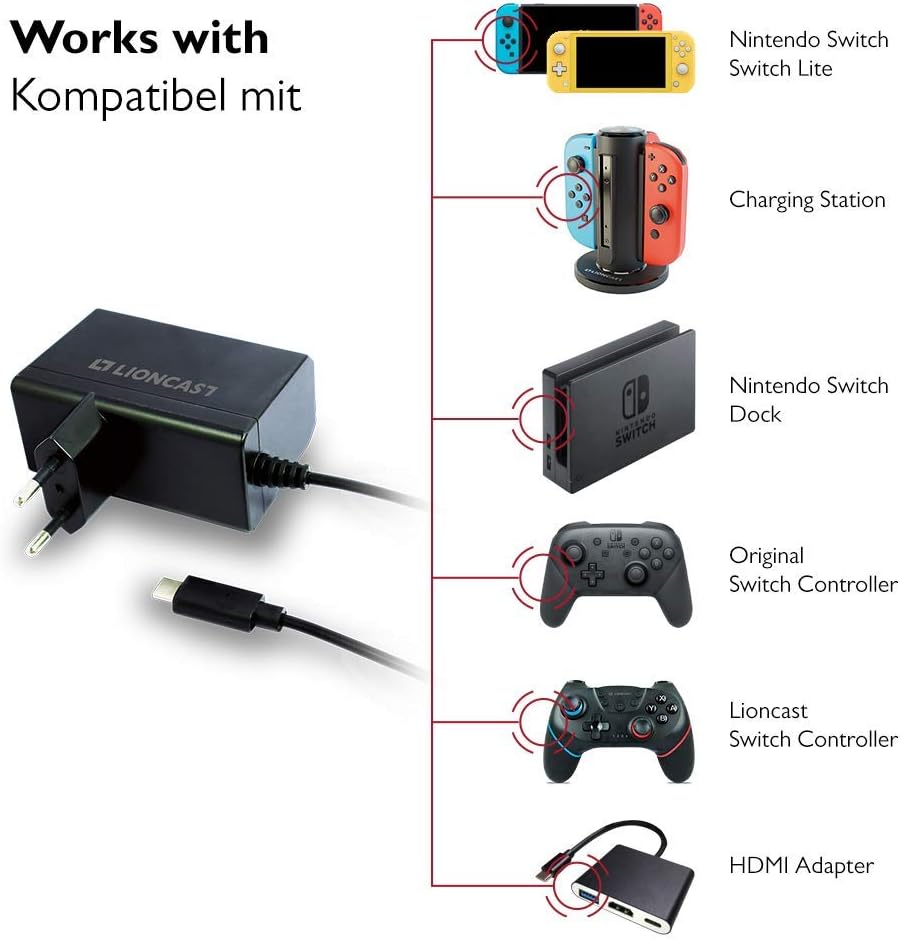 Lioncast Netzteil für Nintendo Switch/Switch Lite mit 1,8m Ladekabel | Ladegerät 15V via USB-C (Cont