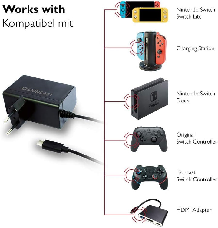 Lioncast Netzteil für Nintendo Switch/Switch Lite mit 1,8m Ladekabel | Ladegerät 15V via USB-C (Cont