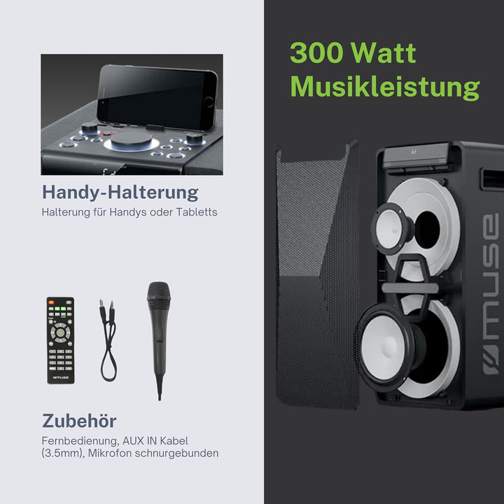 Muse DJ PA-Anlage mit Akku, 300 Watt, mit CD, Bluetooth und Licht-Effekten (USB, AUX, Mikrofon, Fern