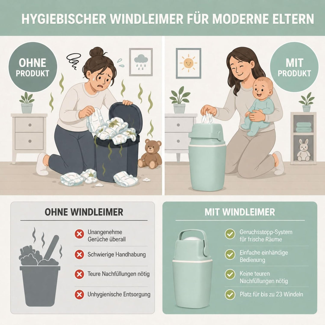 AirWell Windeleimer Geruchsdicht & Windel Blaubaer - Wickeleimer, mit Geruchsstopp-System, Einhändig
