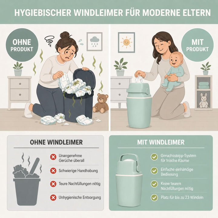 AirWell Windeleimer Geruchsdicht & Windel Blaubaer - Wickeleimer, mit Geruchsstopp-System, Einhändig