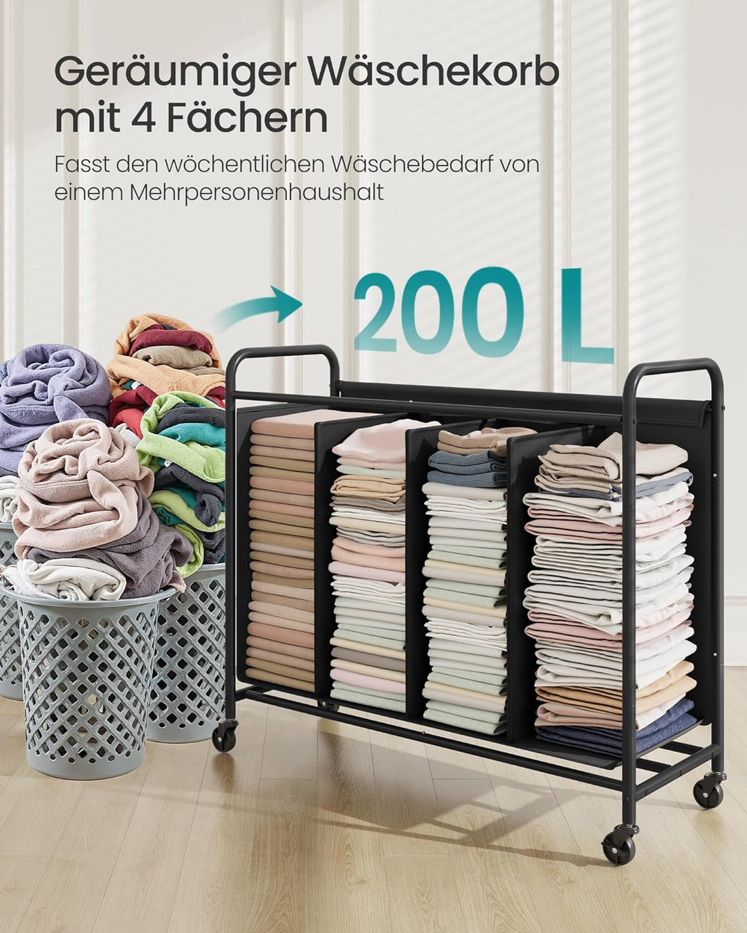 SONGMICS Wäschekorb mit Rollen, Wäschesammler 4 Fächer, 200 L Wäschesortierer, beweglicher Wäschewag