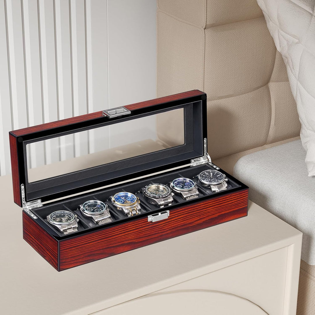 BEWISHOME Uhrenbox aus Holz für Herren – Luxus-Uhrengehäuse, Echtglas-Oberseite, glattes Kunstleder