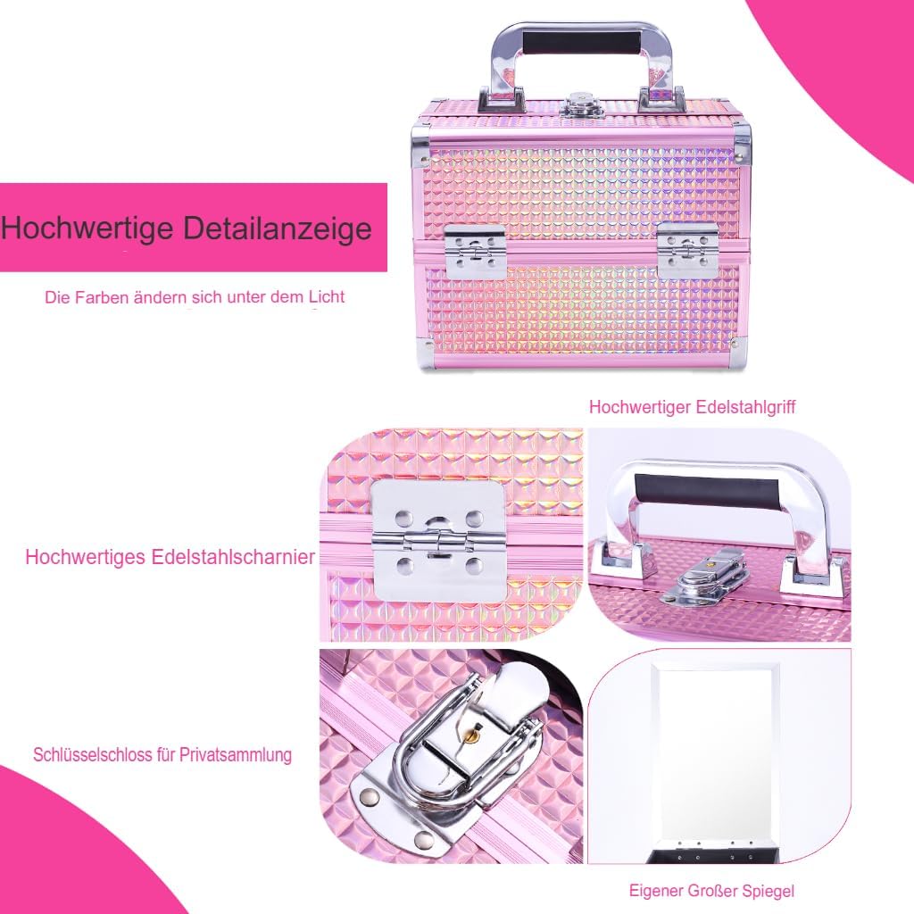 Kosmetikkoffer Aluminium Schminkkoffer mit Spiegel, Tragegriff & Schloss, Multifunktional Make-up Be