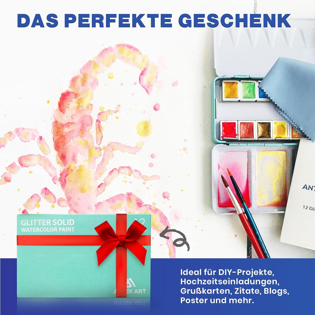 ANTEK ART® Aquarellfarben Set [12x Metallic Glitzerfarben] – Aquarell Set unterwegs im Metallkoffer