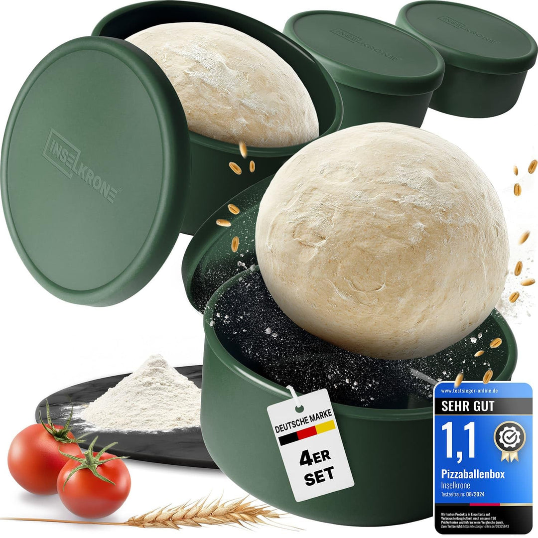Inselkrone Pizzaballenbox mit Deckel, 4er Set, Grün, Teigbox Grün 4er Set, Grün 4er Set
