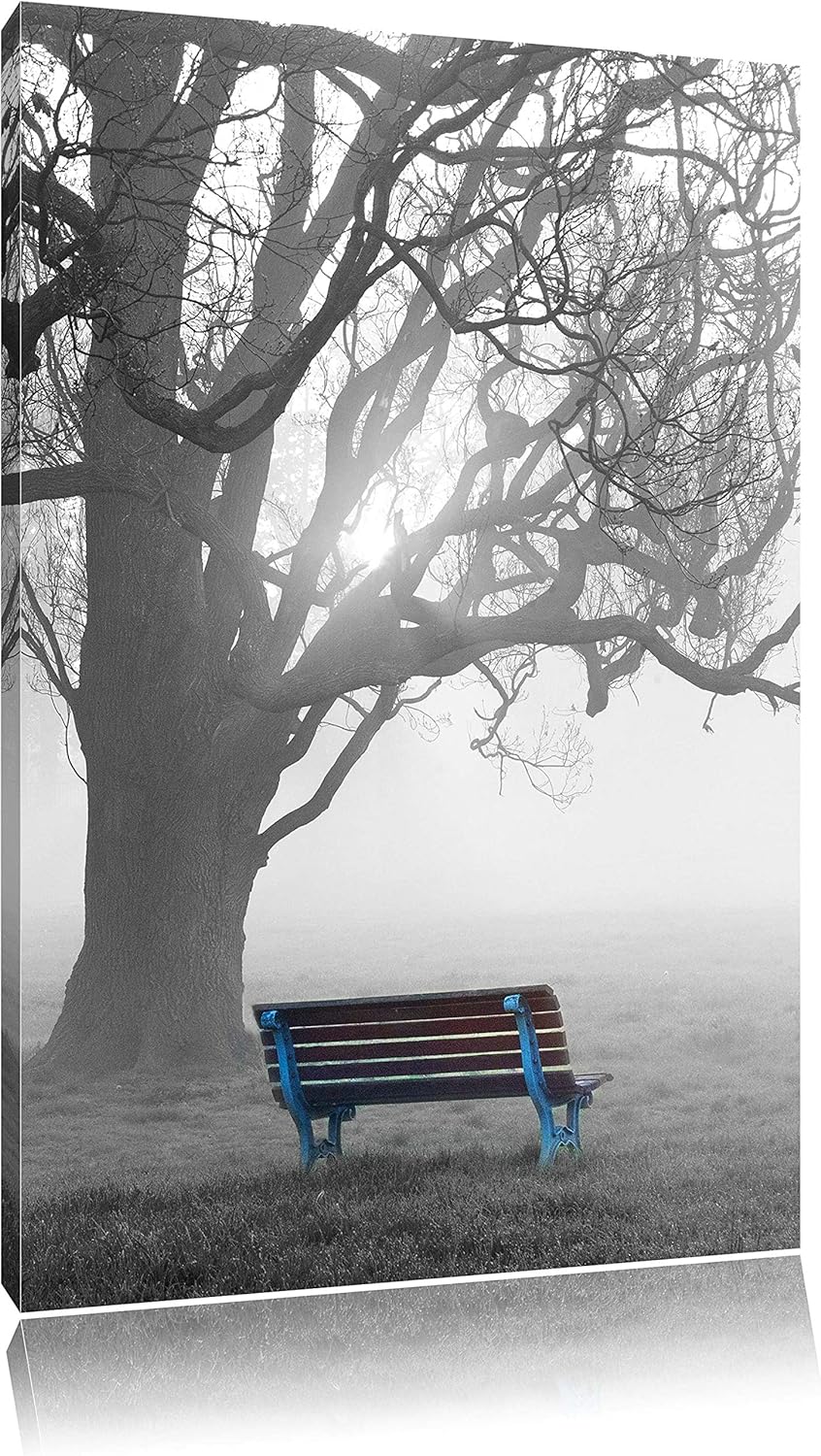 Pixxprint Einsame Bank im Nebel schwarz/weiss als Leinwandbild/Grösse: 100x70 / Wandbild/Kunstdruck/