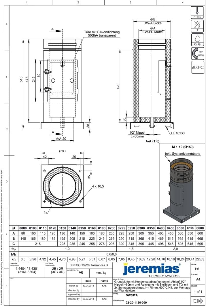 Jeremias DW-FU 350mm Revisionselement Edelstahl mit Grundplatte und Kondensatablauf Aussenbereich bi