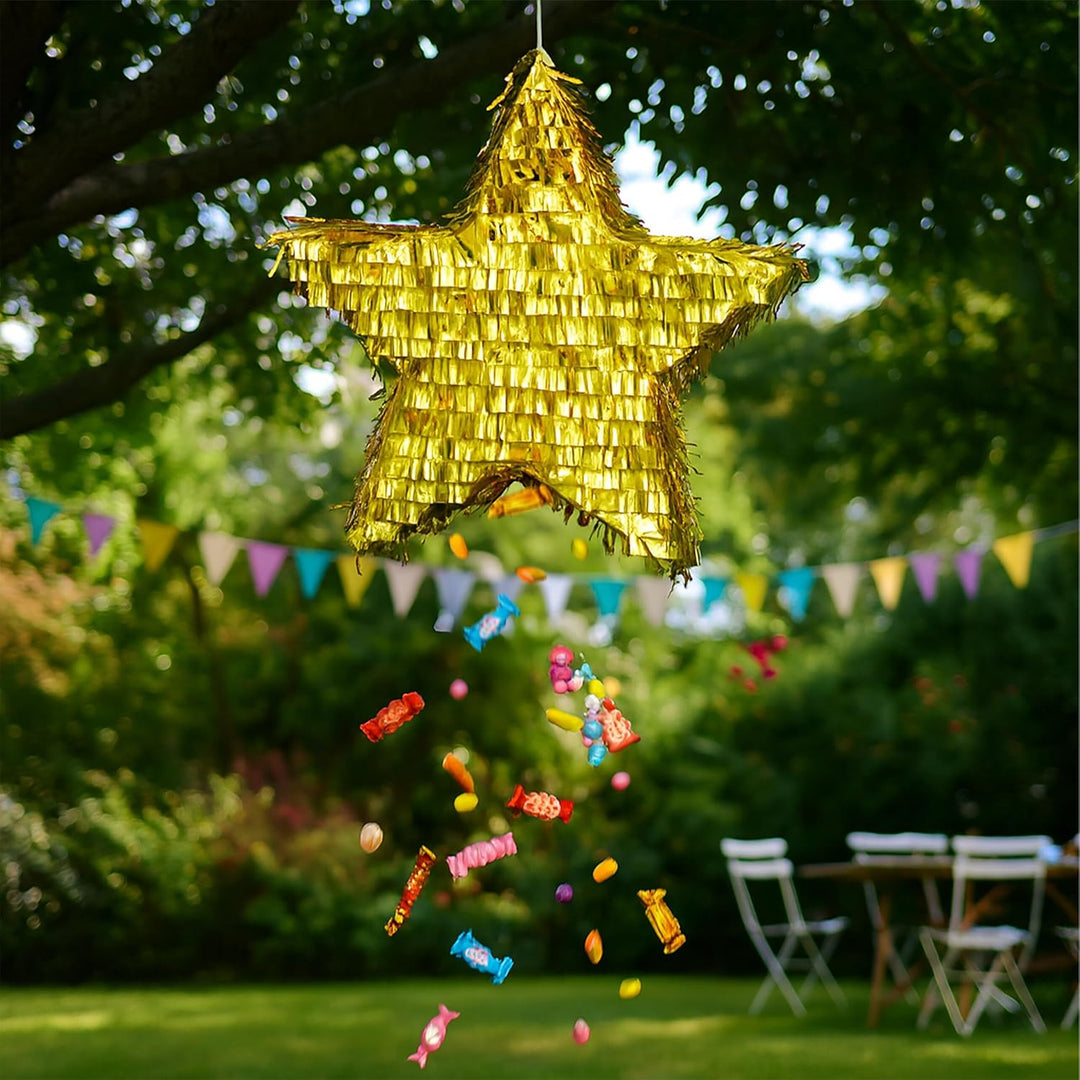 Relaxdays Pinata Stern, mit Stab & Maske, glänzende Partypinata Kinder, Geburtstag, zum Befüllen, HB