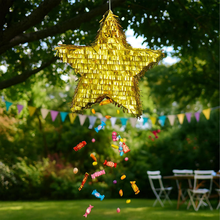 Relaxdays Pinata Stern, mit Stab & Maske, glänzende Partypinata Kinder, Geburtstag, zum Befüllen, HB
