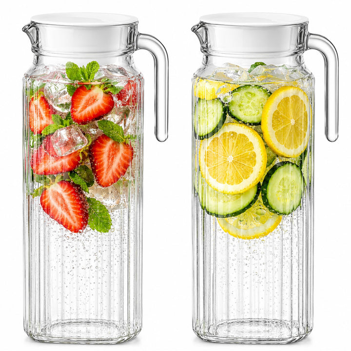 Kühlschrankkrug 1L Glas Wasserkrug mit Deckel (2er Pack) – Glaskrug Geriffeltem Glasdesign & Griff f