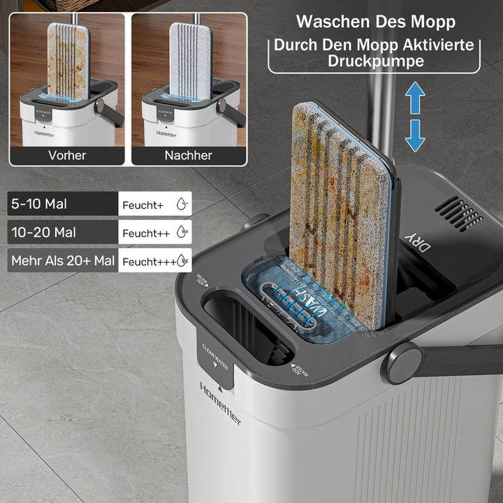HoMettler wischmopp Set mit Eimer,Mopp mit klarem Wasser auswaschen,100% Trennung von Frisch und Sch