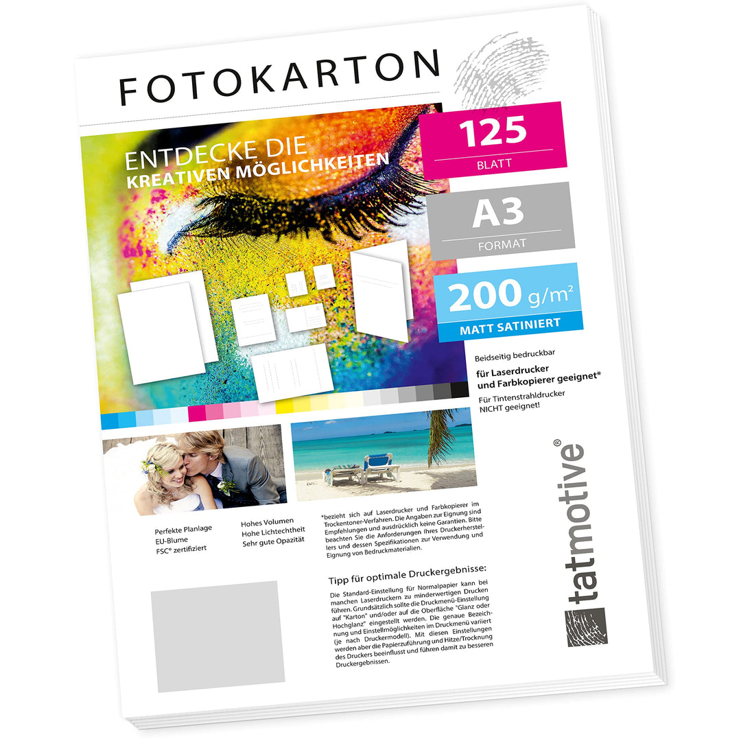 TATMOTIVE FA3200M125 Fotokarton Fotopapier 200g matt weiss/Laserdrucker/DIN A3 / Beidseitig bedruckb