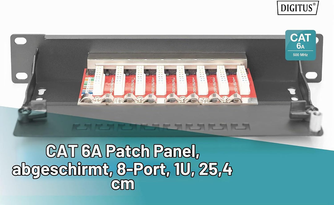 DIGITUS CAT 6A Patchpanel - 8 Ports - RJ45-Buchsen - 10-Zoll Rack-Mount 1HE - LSA Verteilerfeld - ge
